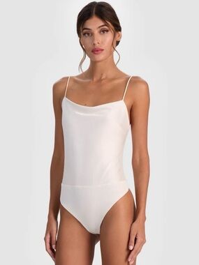 Alice + Olivia White Satin Cowl Neck Bodysuit